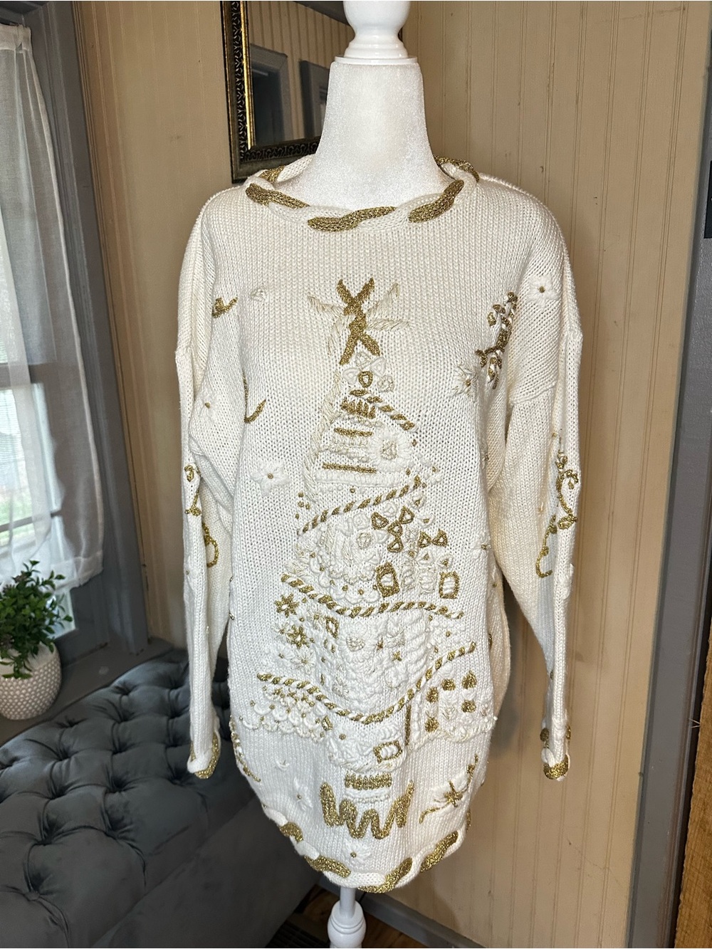 Vintage 1995 DBL Christmas Tree Sweater M White Gold Embroidered Cottagecore